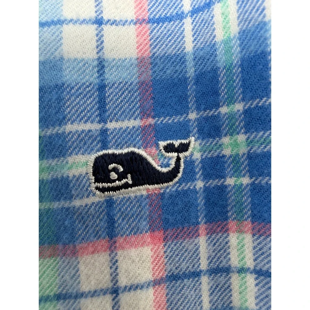Vineyard Vines Button Down Shirt Boys Large 16 Blue Green Plaid Whale